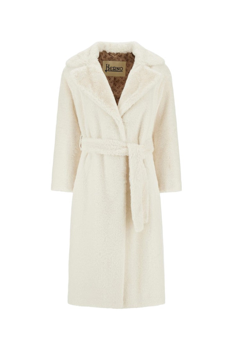 Herno White Polyester Teddy-Texture Belted Coat