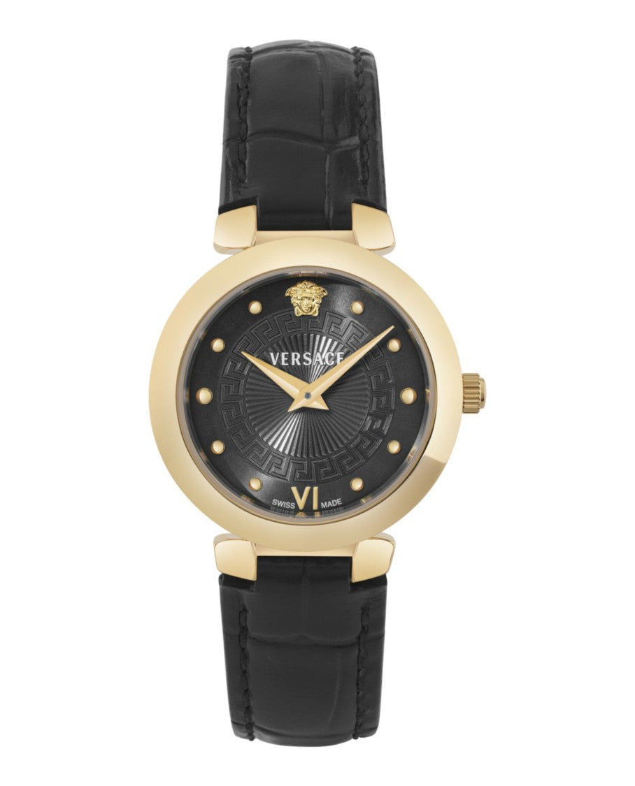 Versace Daphnis Leather Watch With Black Guilloche Dial