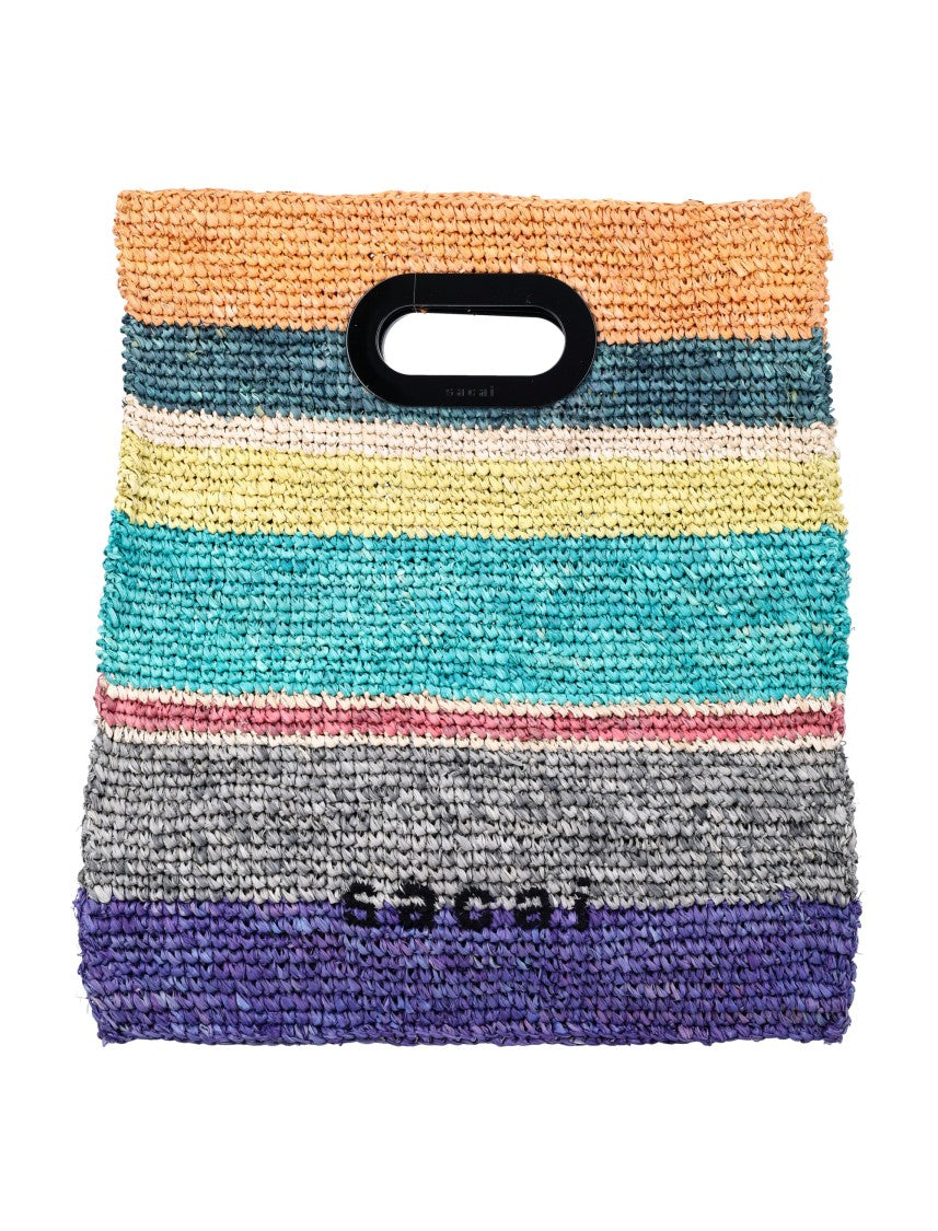 Sacai Striped Pattern Raffia Tote Bag
