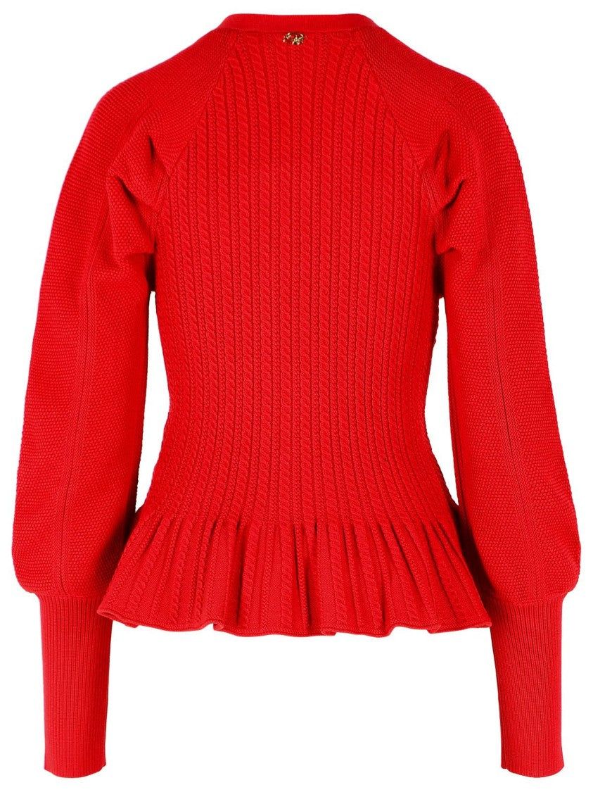 Blumarine Red Ribbed Ruffle-Hem Knit Cardigan