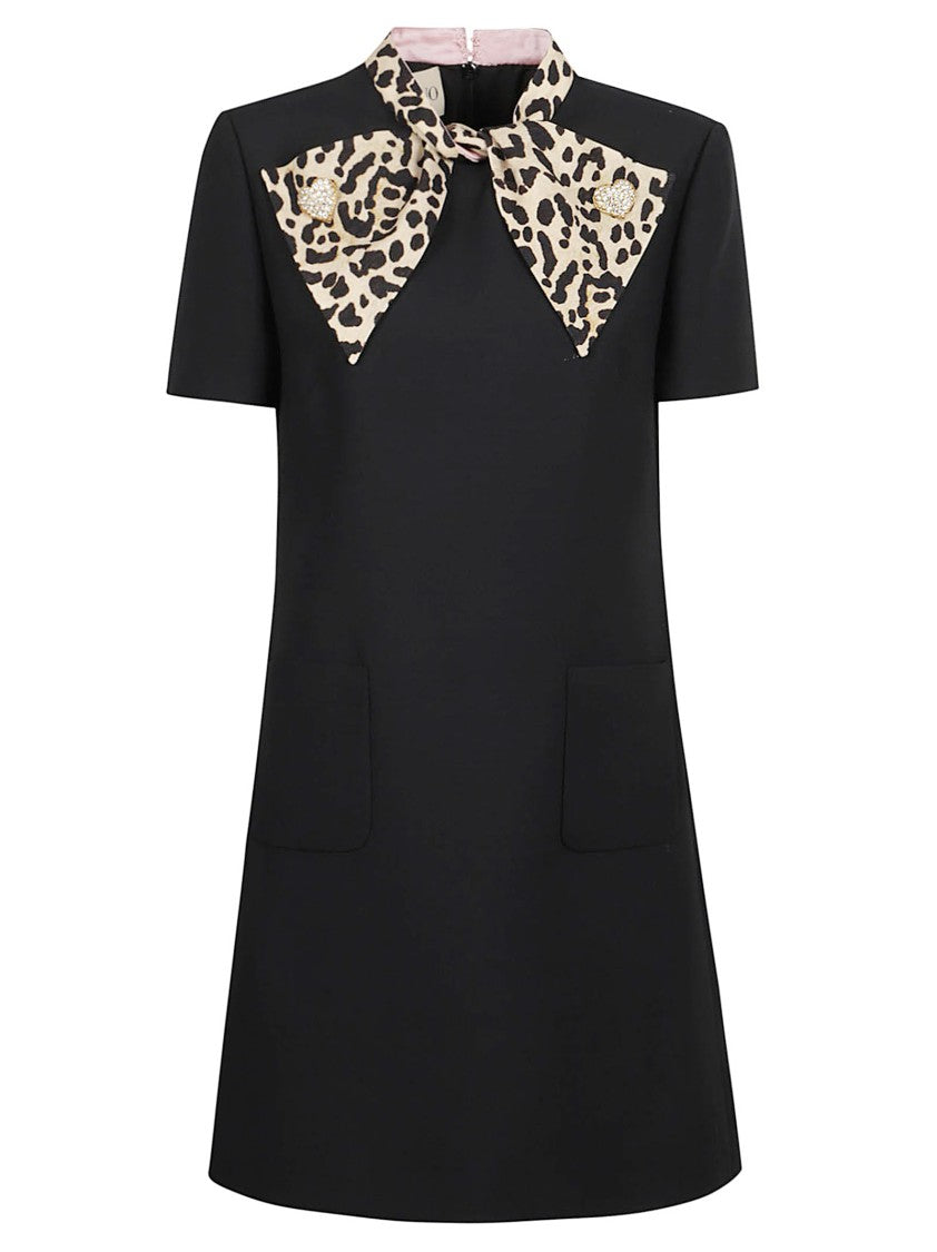 Valentino Garavani Leopard-Print Bow Mini Dress With Patch Pockets