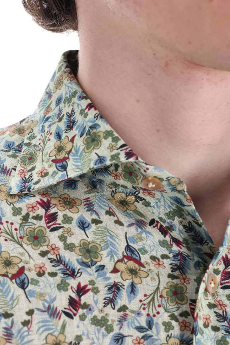 Borriello Green Flower Pattern Linen Casual Shirt