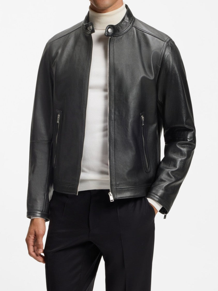 Hugo Boss Stand Collar Lambskin Leather Jacket - Black