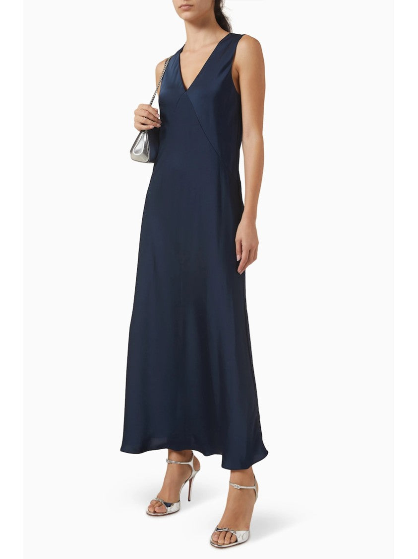 Michael Kors Blue Satin Finish V Neck Midi Dress