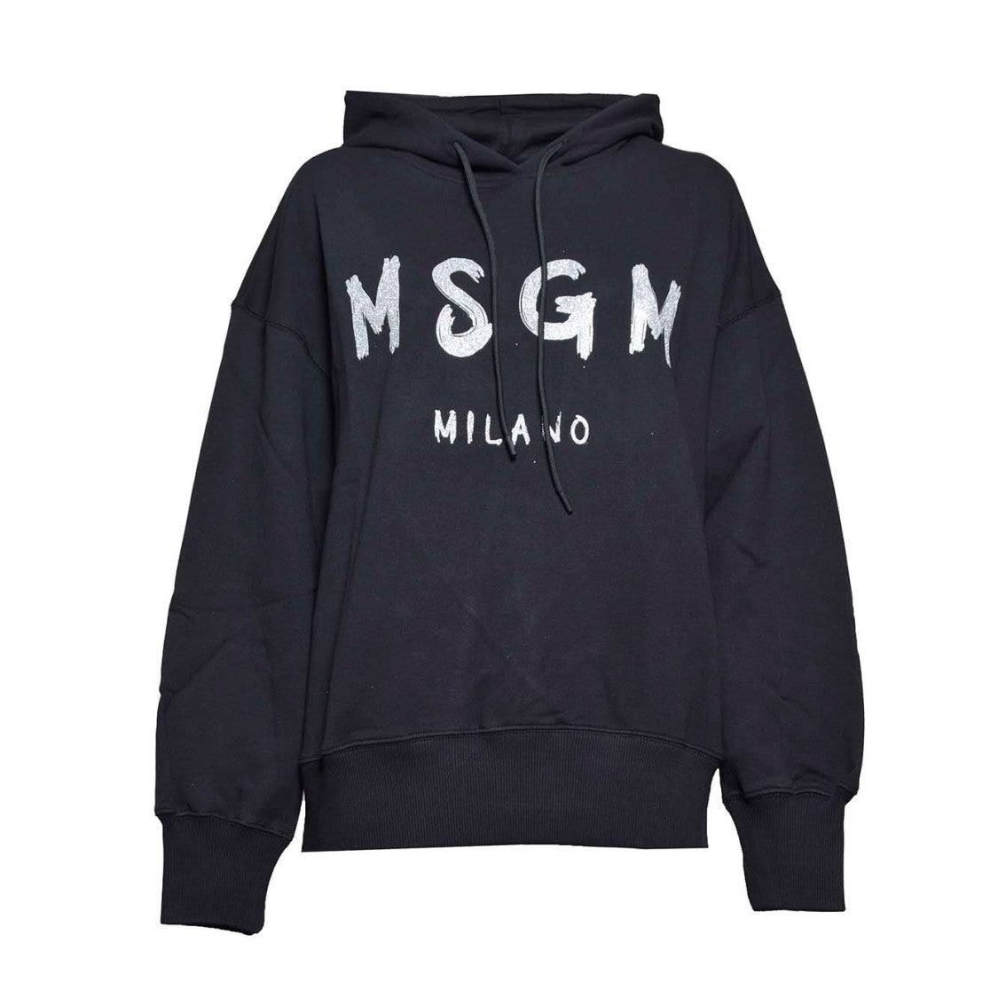 Msgm Black Cotton Hoodie With Glitter Brush Print