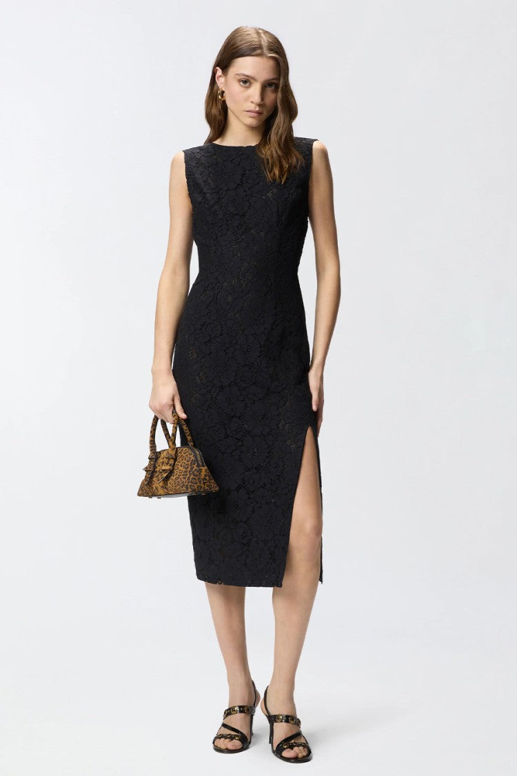 Pinko Black Drupa Floral Lace Plunging Rear Neckline Cotton-Blend Mini Dress