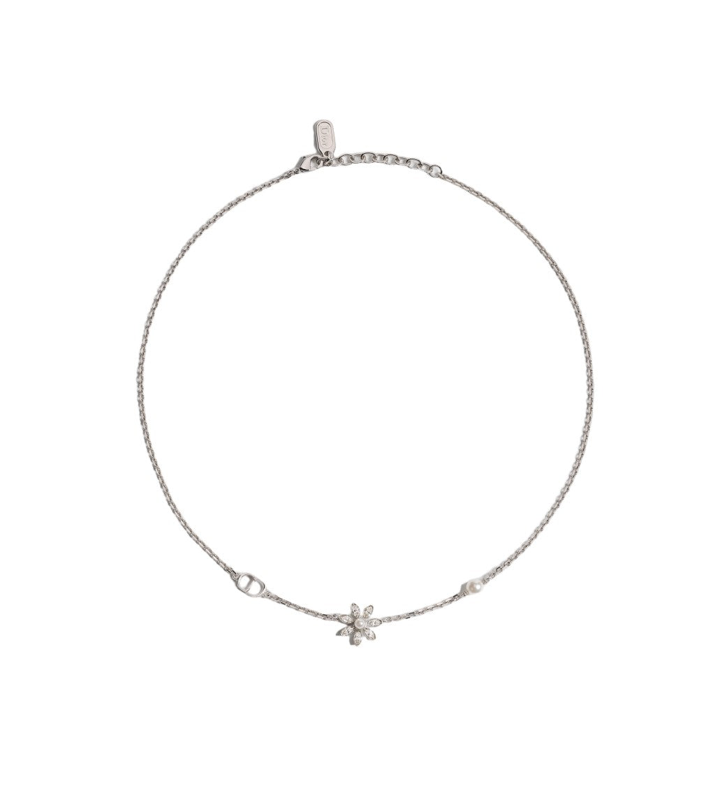 Christian Dior Necklace Floral Silver Crystal Pearl Pendant