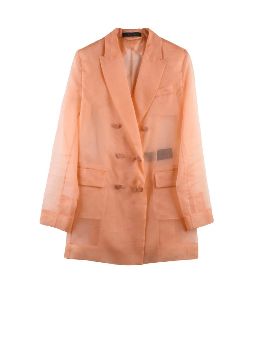 Max Mara Pink Esopo Tulle Detail Double-Breasted Silk Blazer