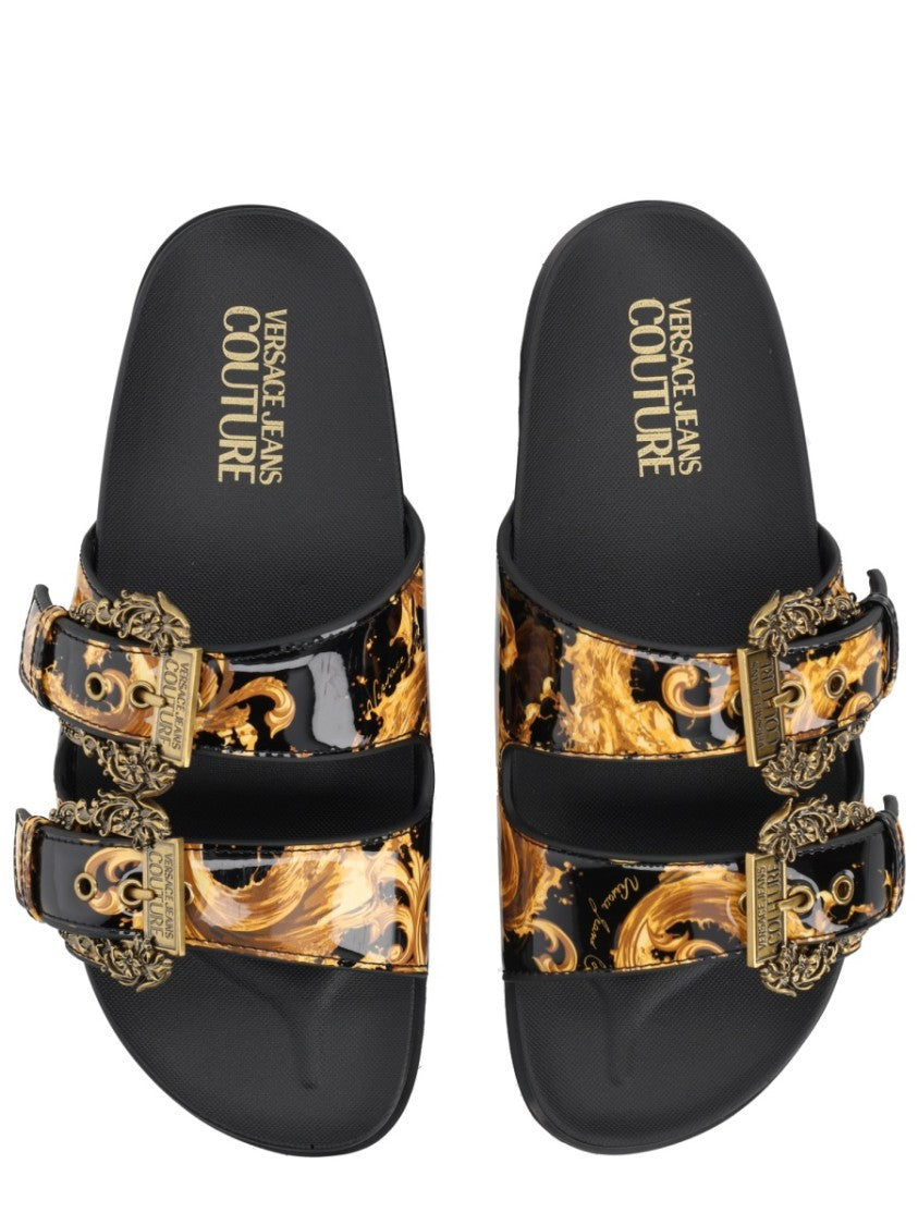 Versace Jeans Couture Arizona Baroque Pattern Golden Buckles Sandals