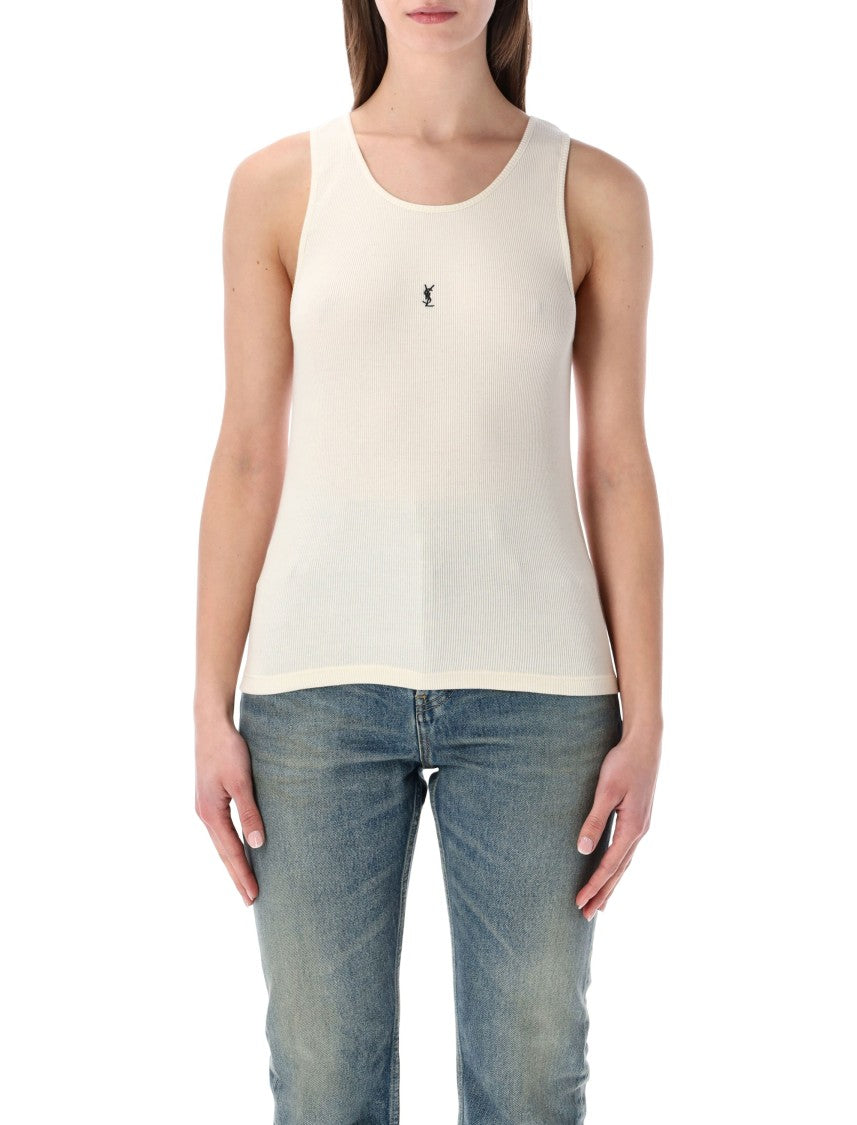 Saint Laurent Cassandre White Ribbed Cotton Tank