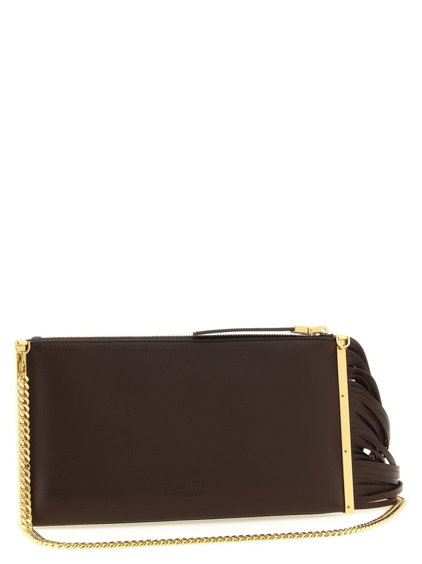 Elisabetta Franchi Fringed Leather Clutch With Chain Strap And Gold Accents