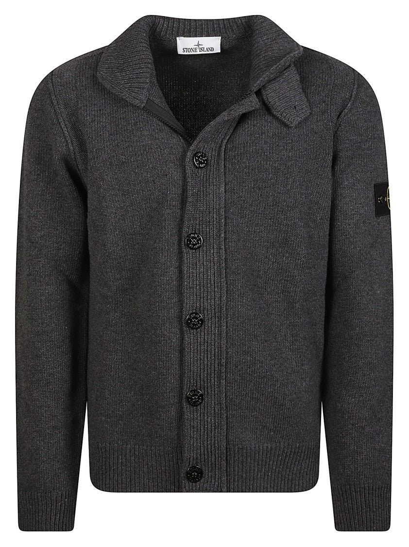 Stone Island Rws Dark Grey Ribbed Virgin Wool Cardigan