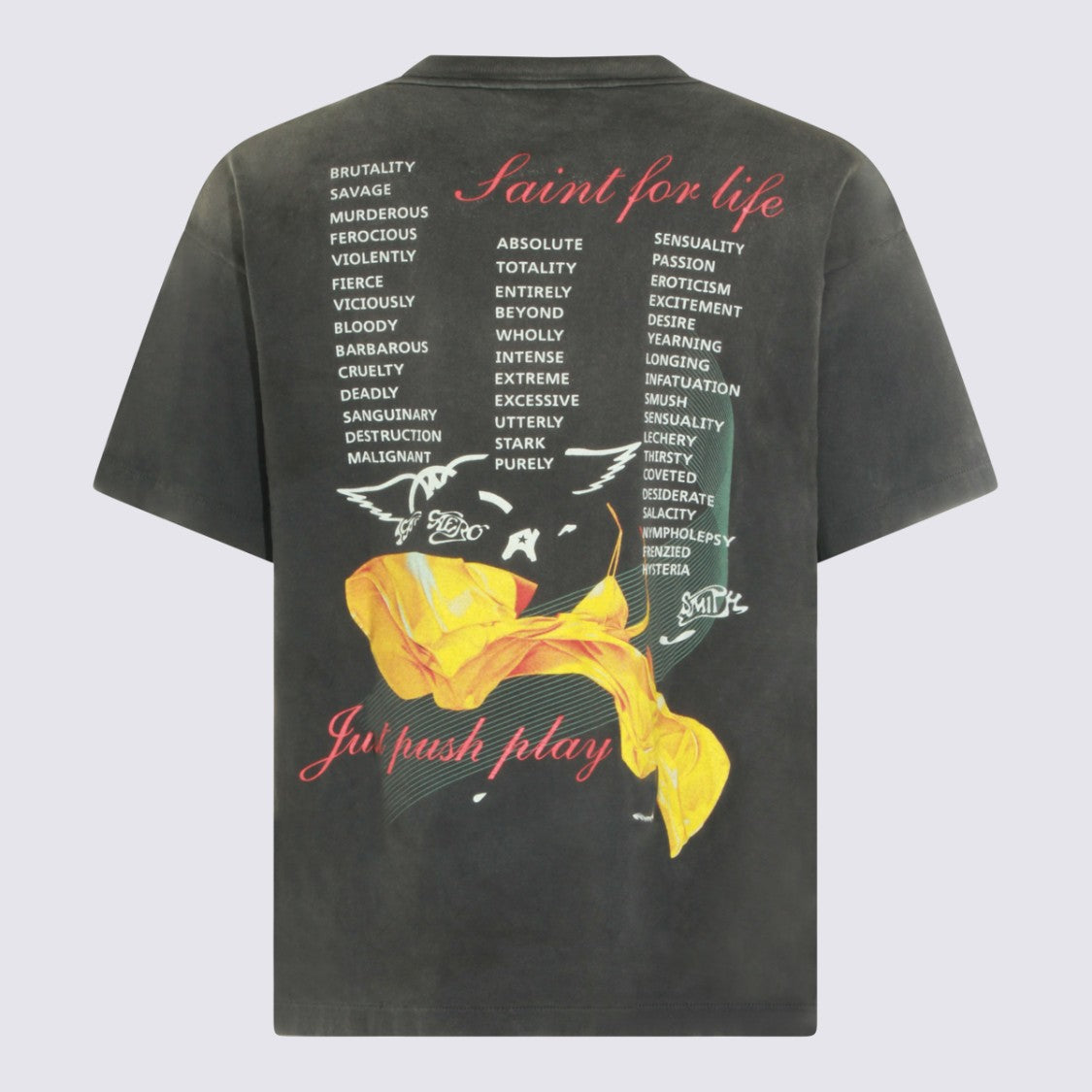 Saint Mxxxxxx Washed Black Graphic T-Shirt With Futuristic Design