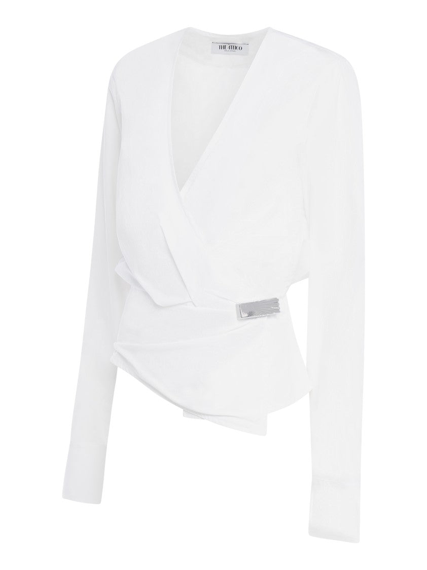 The Attico Wrap-Style White Cotton Poplin Blouse