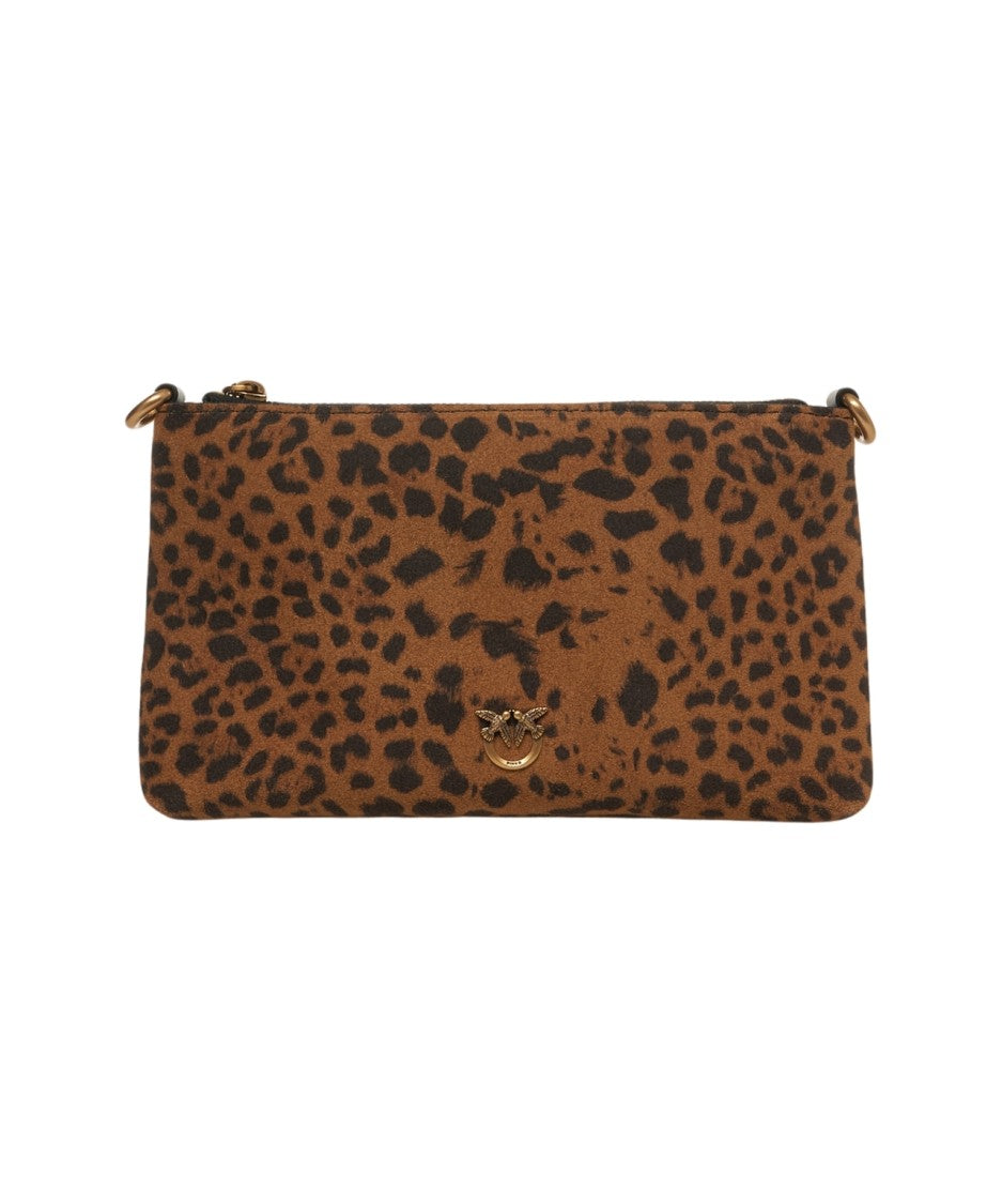 Pinko Compact Brown Leather Shoulder Bag With Animal Print