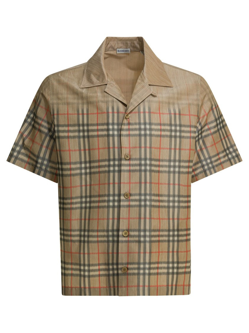 Burberry Short-Sleeved Button-Down Shirt With Plaid Pattern And Subtle Sheen