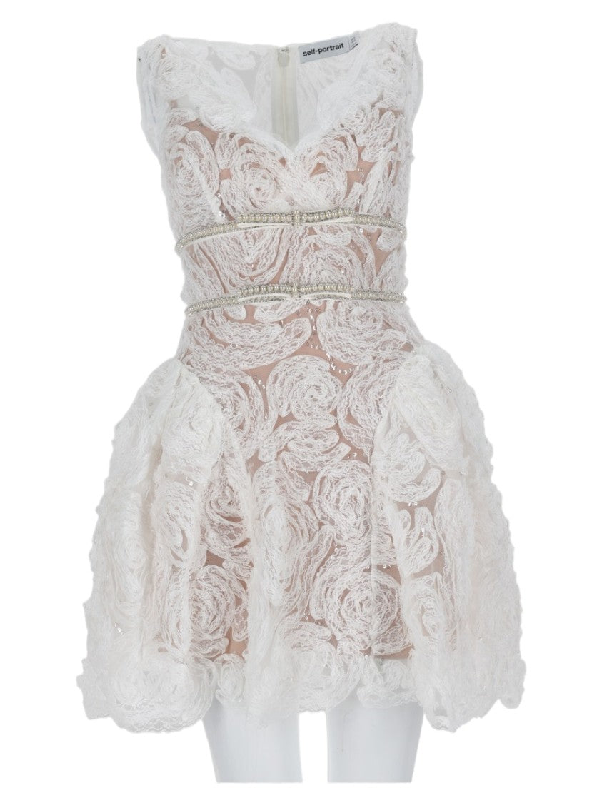 Self-Portrait Lace Overlay Mini Dress With Textured Flared Skirt