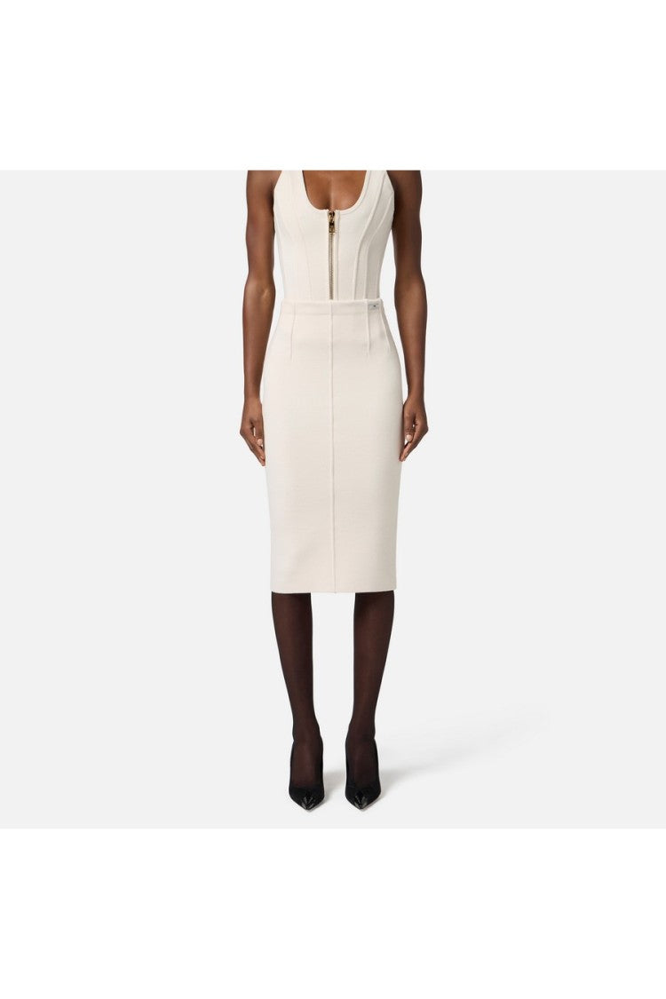 Elisabetta Franchi Milk Ribbed Wool-Blend Pencil Slit Midi Skirt
