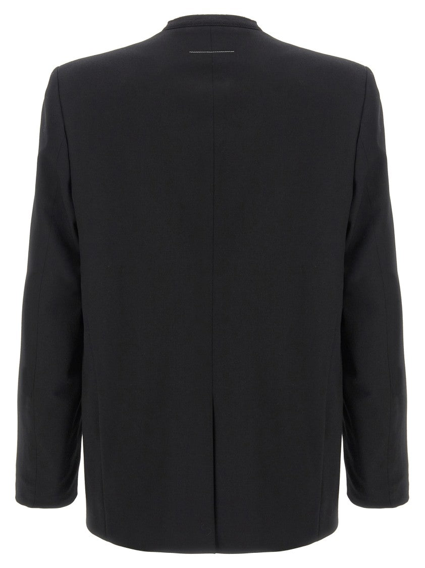 Mm6 By Maison Margiela Single-Breasted Wool Blend Blazer With Distinctive Raw Cut Hem