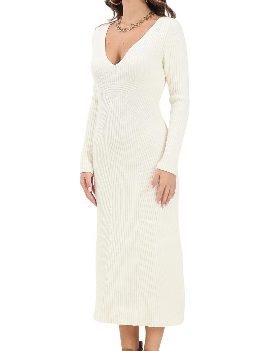 Akep Ribbed Knit Dress With Deep V-Neckline And Flared Hem