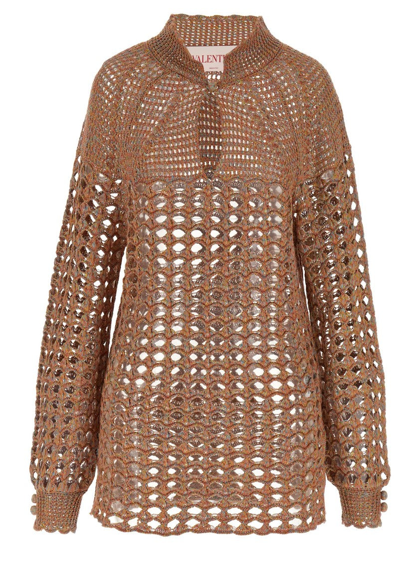 Valentino Garavani Openwork Crochet Sweater With Button-Embellished Sleeves