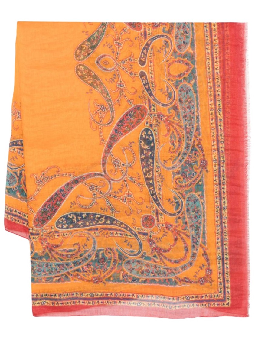 Etro Orange Large Paisley Fringed Scarf