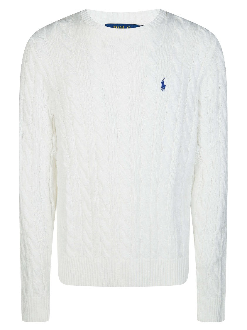 Polo Ralph Lauren White Treccia Cable-Knit Crewneck Sweater