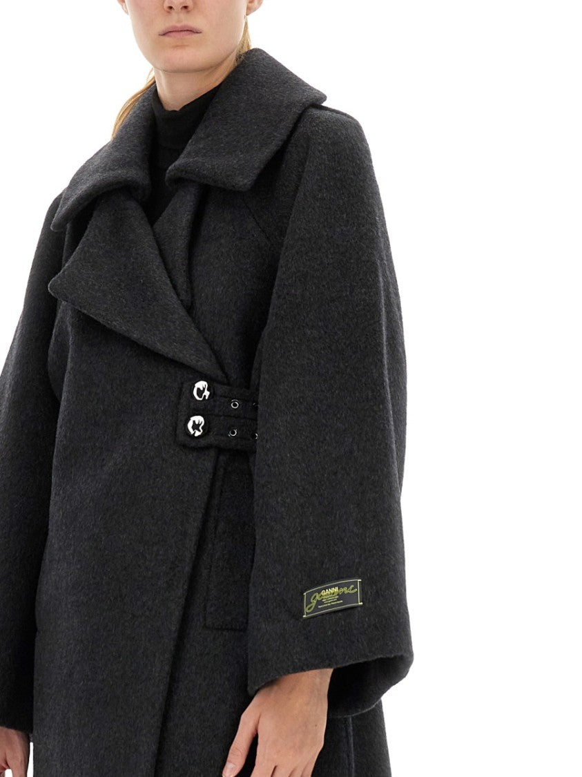 Ganni Charcoal Wool Coat With Wide Notched Collar And Asymmetrical Closure