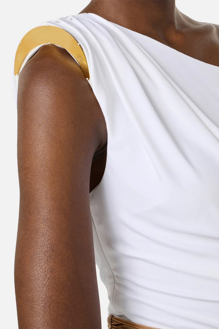 Elisabetta Franchi Ivory One-Shoulder Draped Jewel Clasp Viscose-Blend Bodysuit