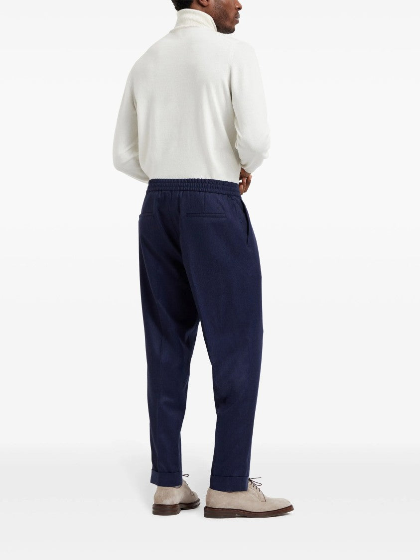 Brunello Cucinelli Blue Wool Relaxed Front Pleated Pants