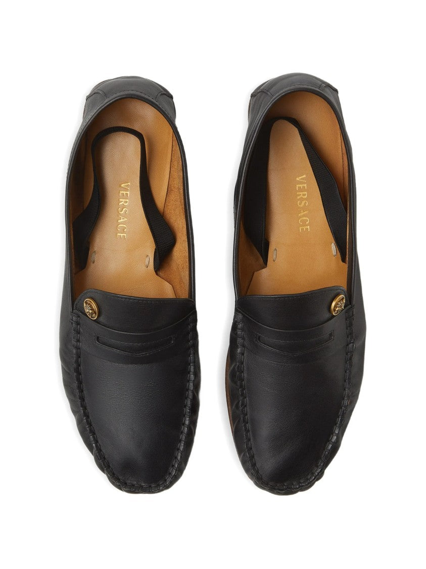 Versace Slip-On Loafers In Smooth Black Leather With Gold Emblem