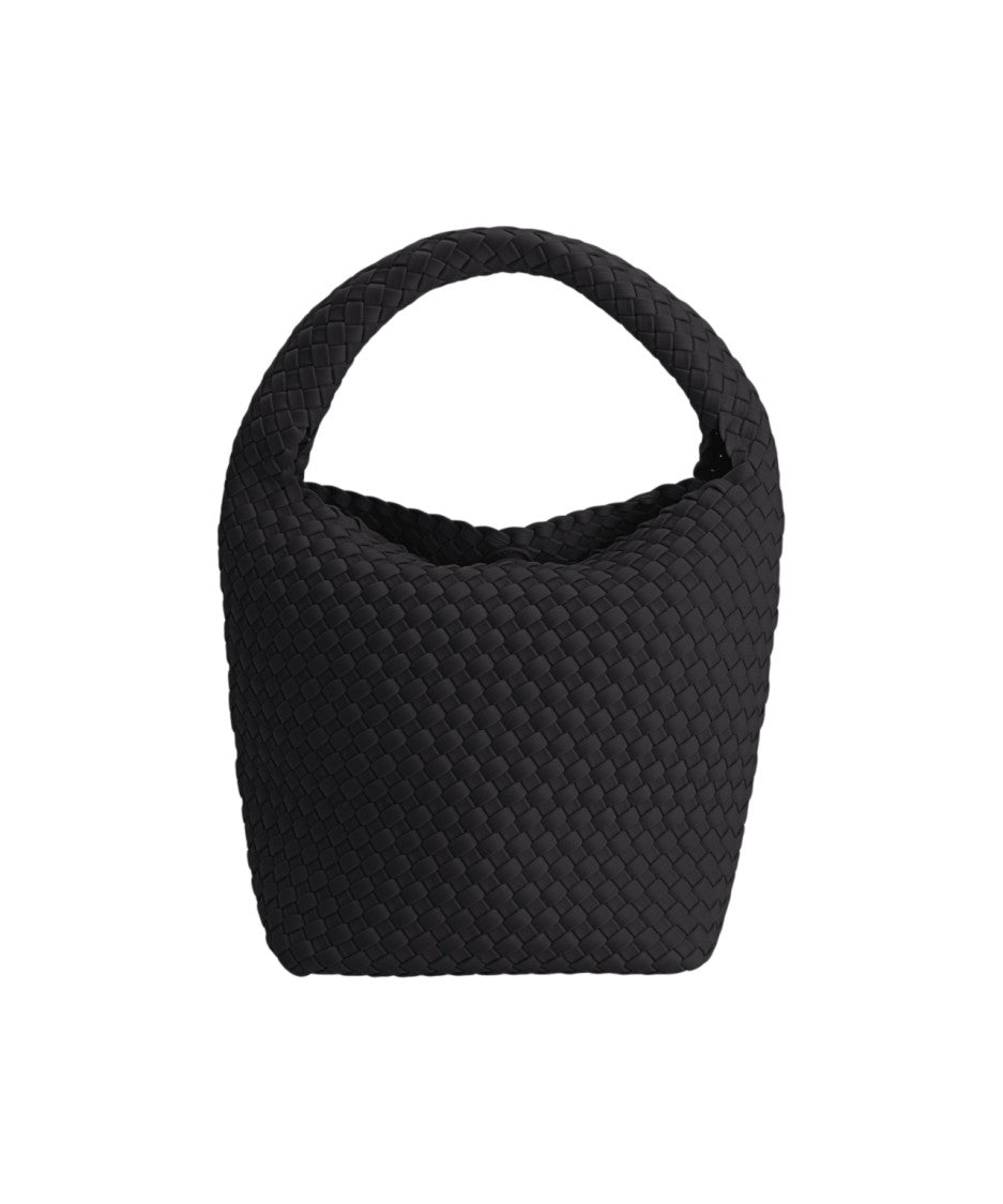 Marrea Expansive Black Neoprene Bucket Bag With Woven Design