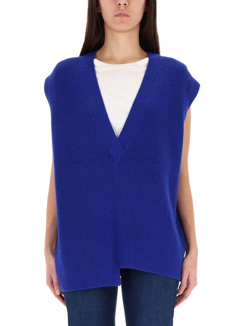 Zona20 Milano Sleeveless Ribbed V-Neck Sweater Vest In Blue Merinos Wool