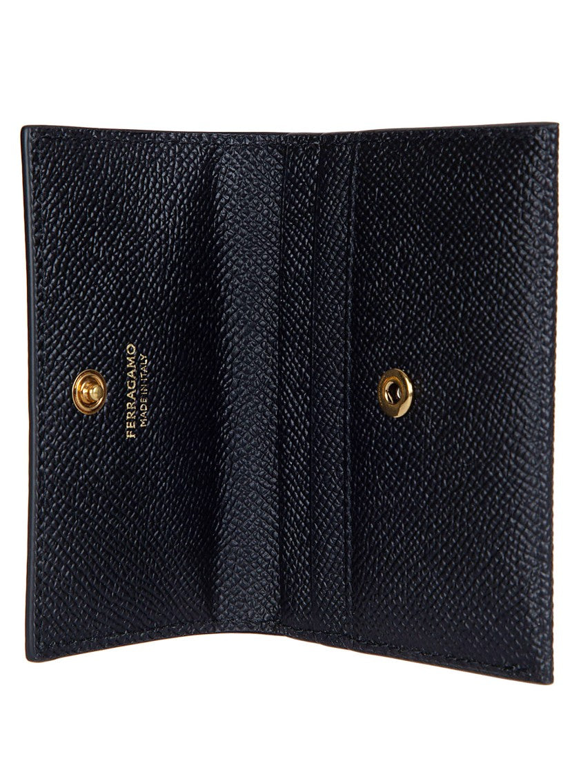 Ferragamo Textured Black Calfskin Wallet With Antique Gold Gancini Detail
