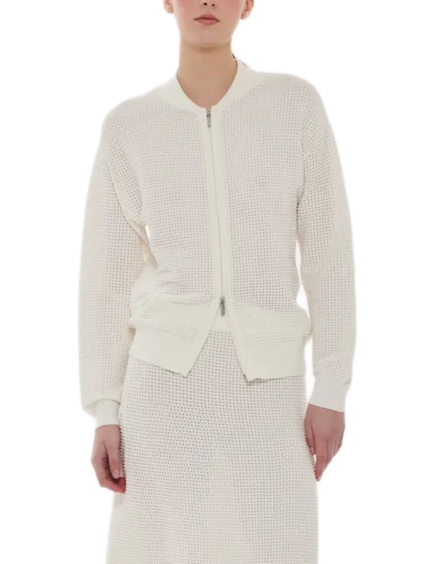 Parosh Open Knit White Bomber Jacket With Ribbed Accents