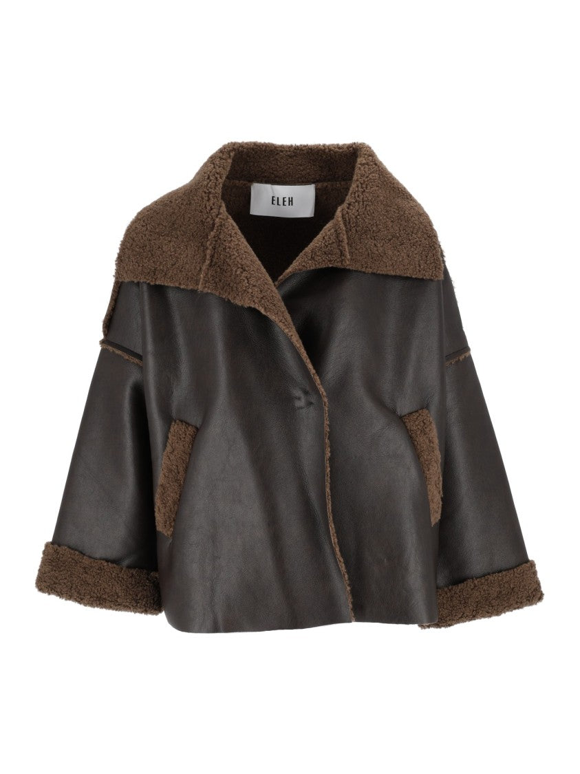 Eleh Brown Boxy Shearling Accents Short Coat