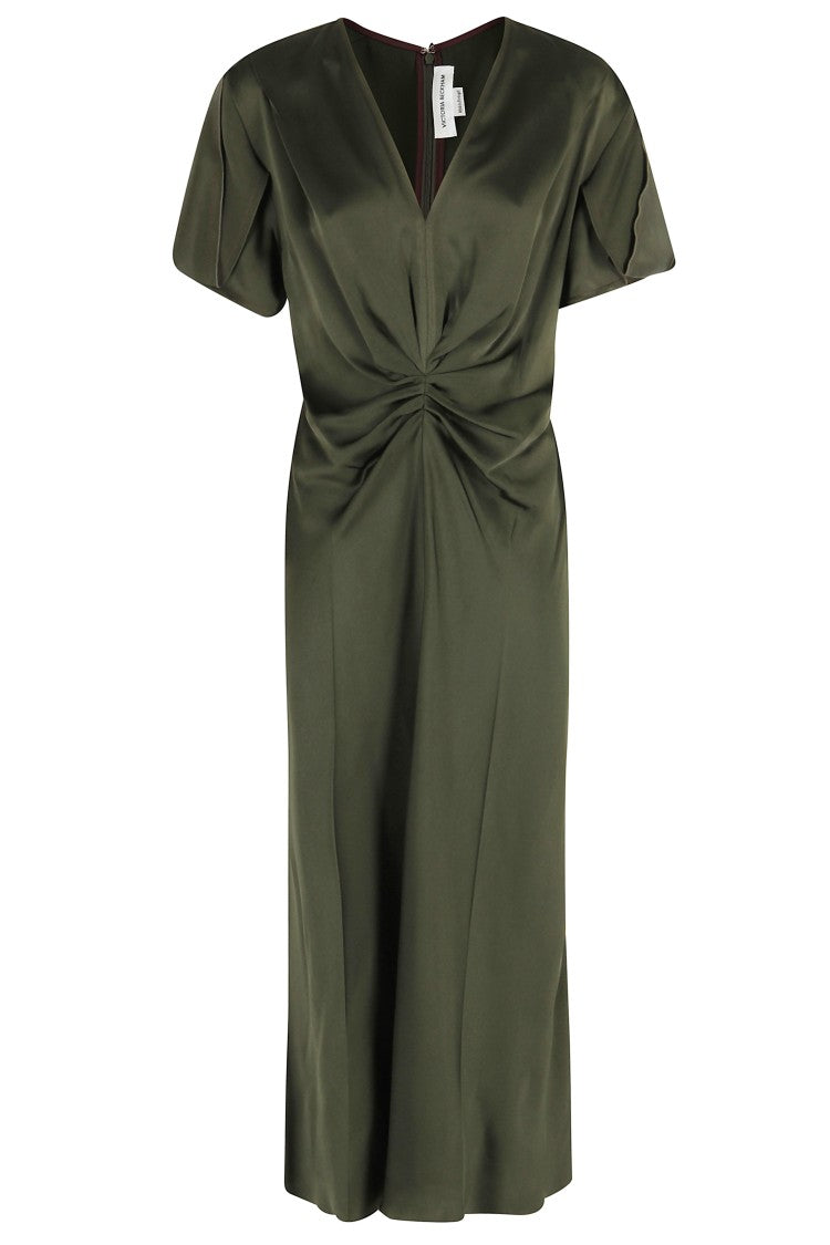 Victoria Beckham V-Neck Midi Dress With Gathered Front