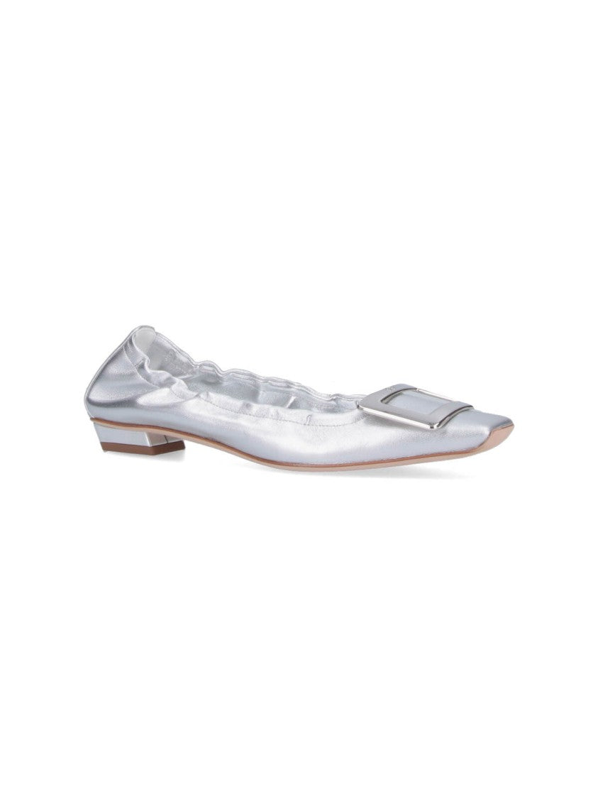 Roger Vivier Metallic Silver Leather Ballerina Flats With Draped Detailing