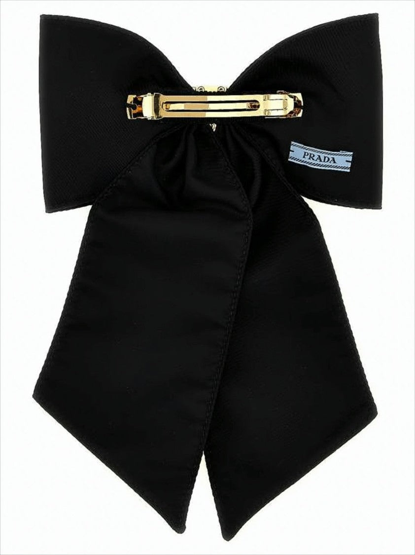 Prada Black Nylon Hair Bow With Triangular Metal Logo