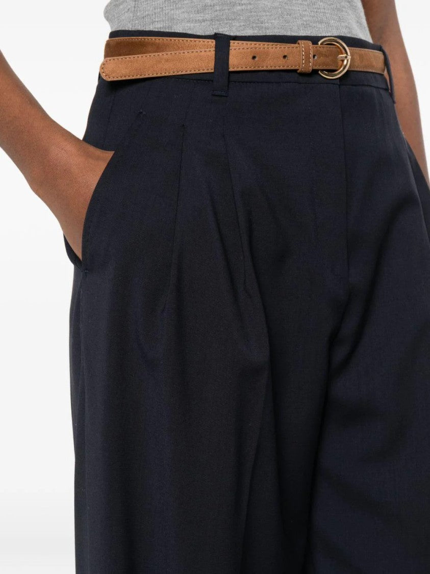 Max Mara Pleated High-Waist Wide-Leg Trousers With Slim Belt