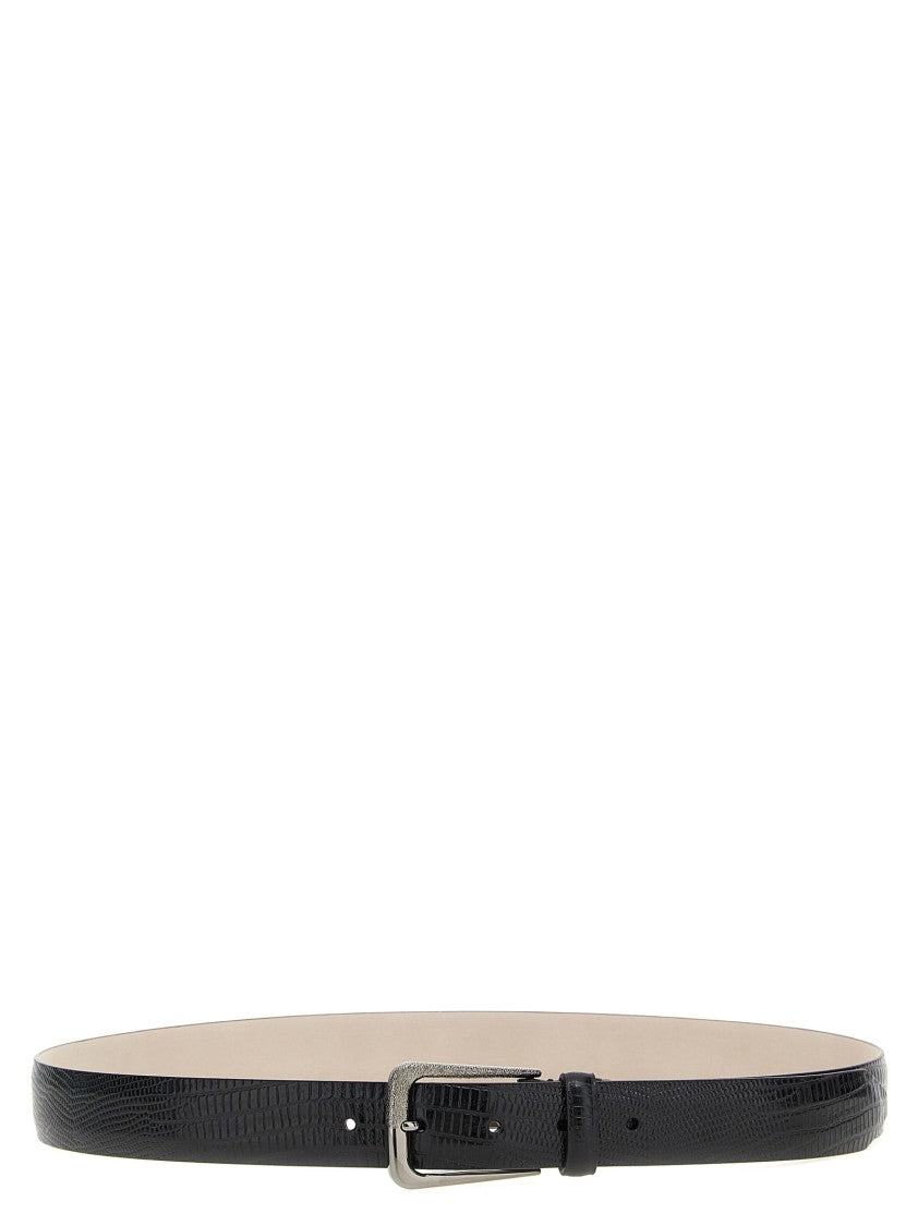 Brunello Cucinelli Black Leather Belt With Snake-Effect Texture