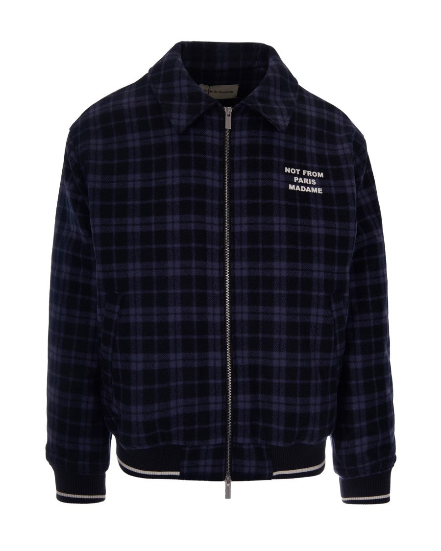 Drôle De Monsieur Navy Blue Flannel Padded Jacket With Slogan Print