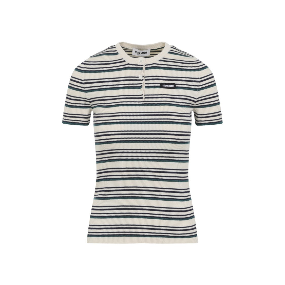 Miu Miu Ribbed Cotton Sweater With Horizontal Stripes And Button Placket