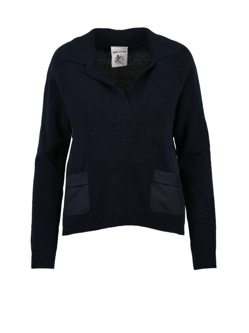 Semi Couture Asymmetric Knit Sweater With Layered Design And Dual Pockets