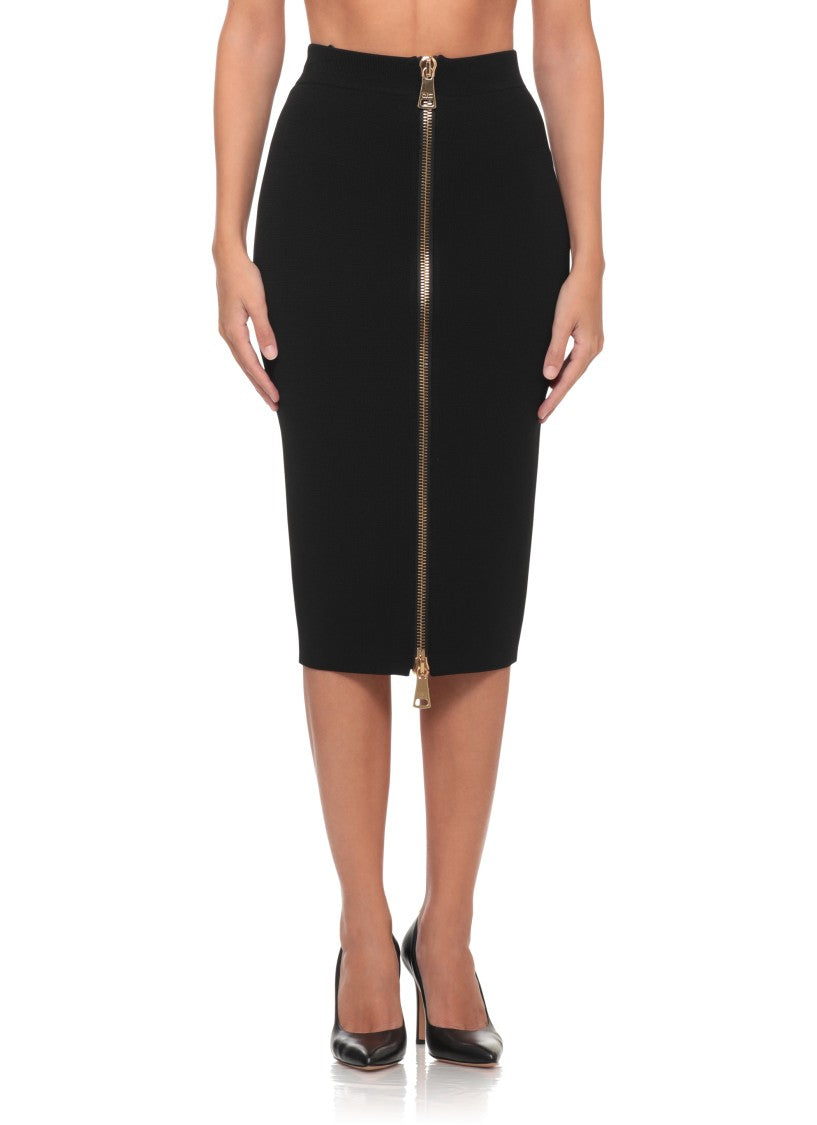 Elisabetta Franchi Fitted Black Pencil Skirt With Maxi Gold Zip Closure