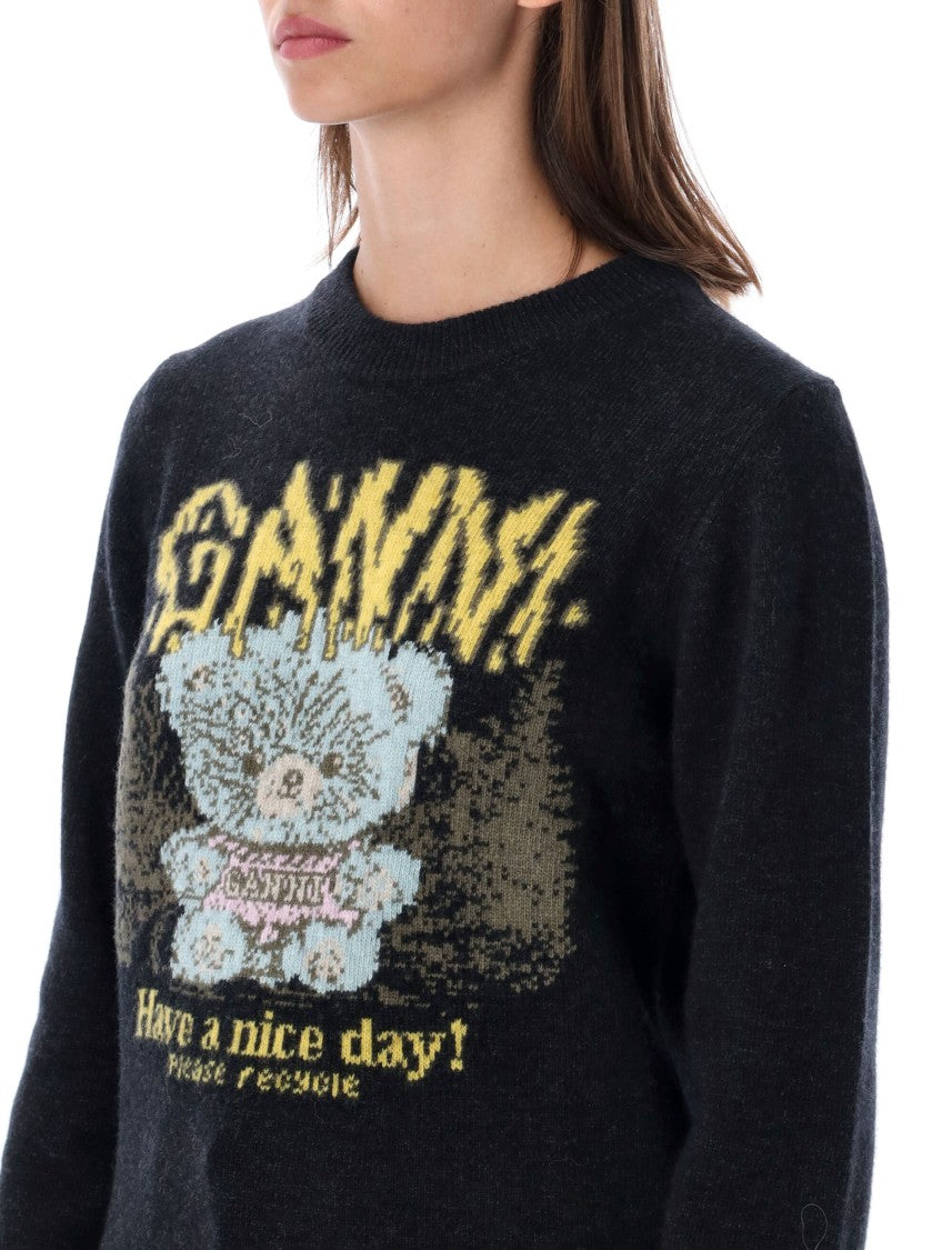 Ganni Graphic Forest Teddy Wool Sweater With Playful Message