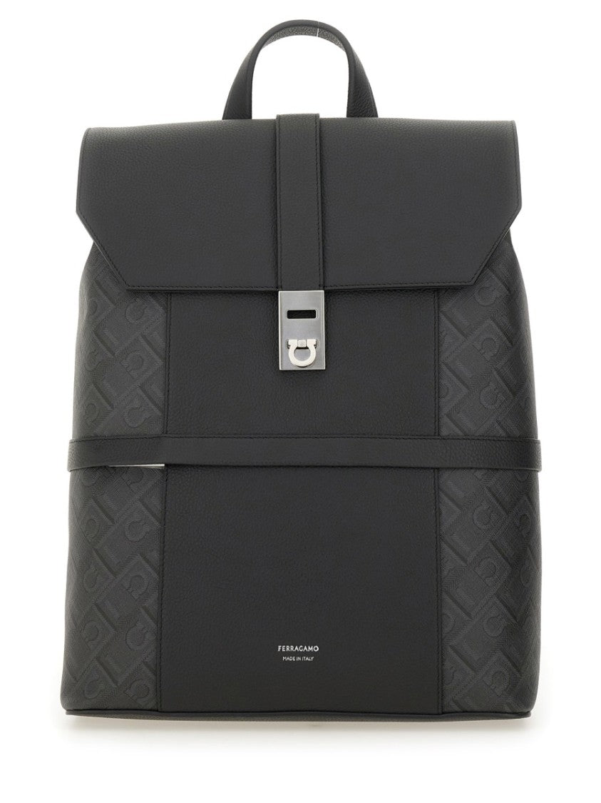 Ferragamo Structured Black Backpack With Metallic Buckle Closure