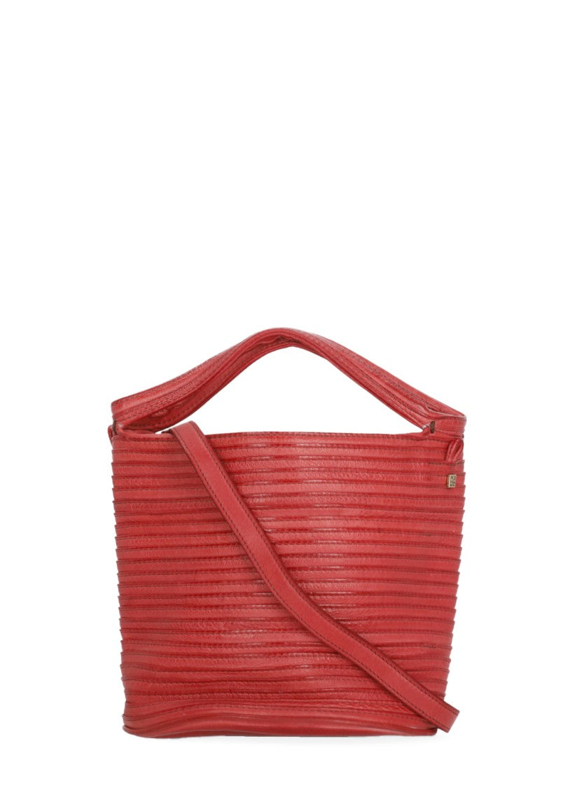 Majo Textured Red Leather Shoulder Bag With Drawstring Fastening