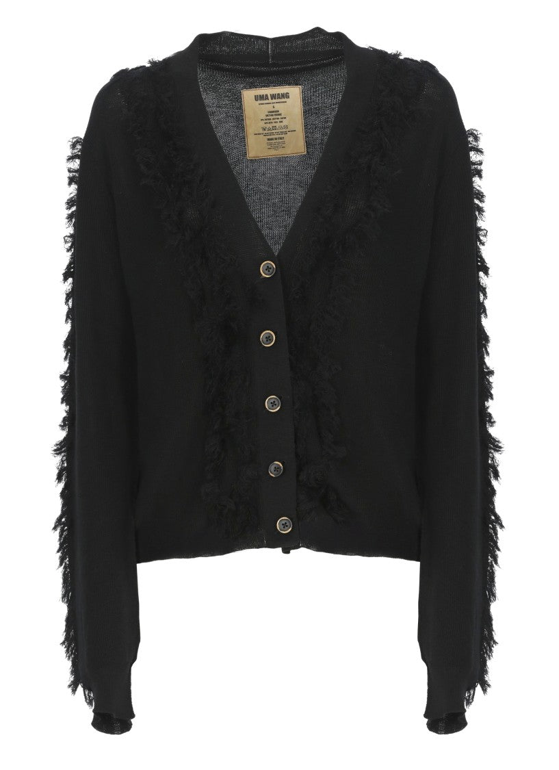 Uma Wang Textured Black Cotton Cardigan With Fringed Details