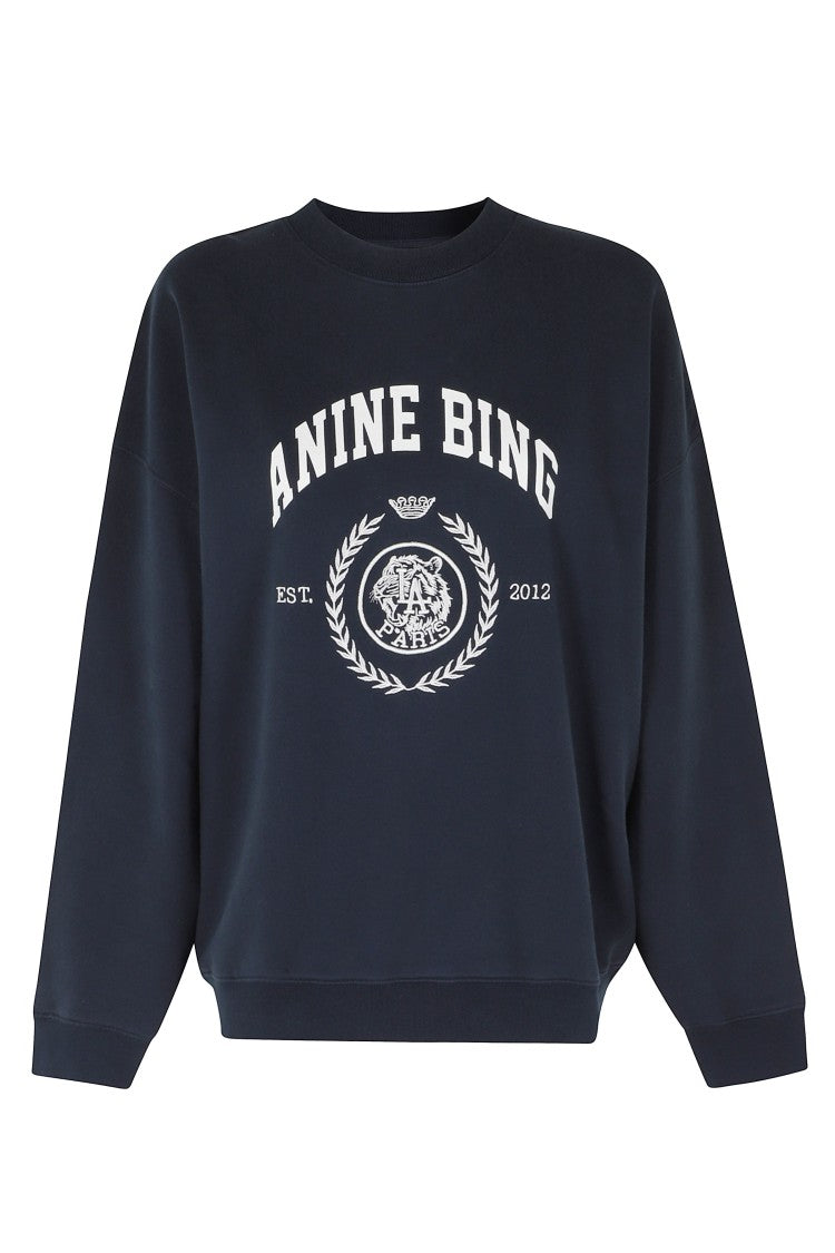 Anine Bing Navy Blue Miles Sweatshirt Collegiate Printed Cotton Sweatshirt